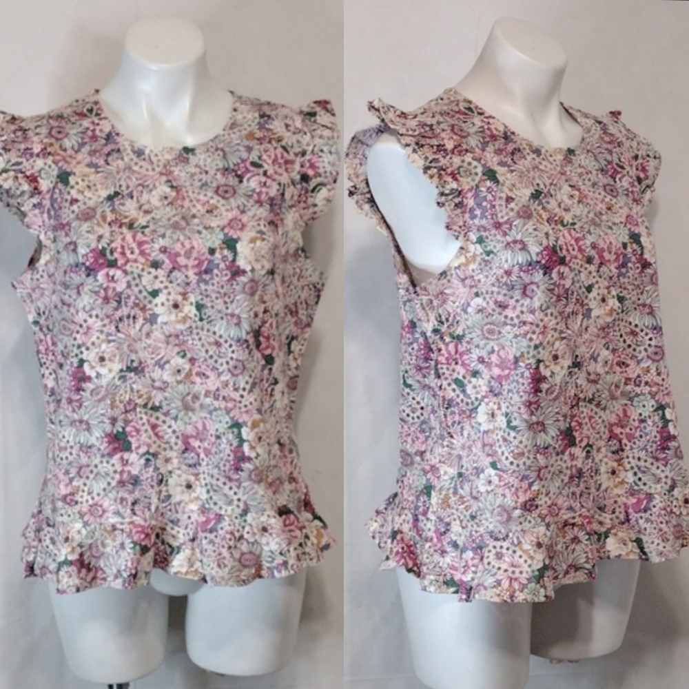 NWT Solitaire Tropical Eyelet Ruffle Trim Sleeveless Boho Summer Tank Top Large